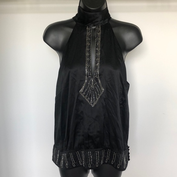 BCBGMaxAzria Tops - BCBGMaxAzria Silk Blouse, Black Embellished, Keyhole Front, size Medium